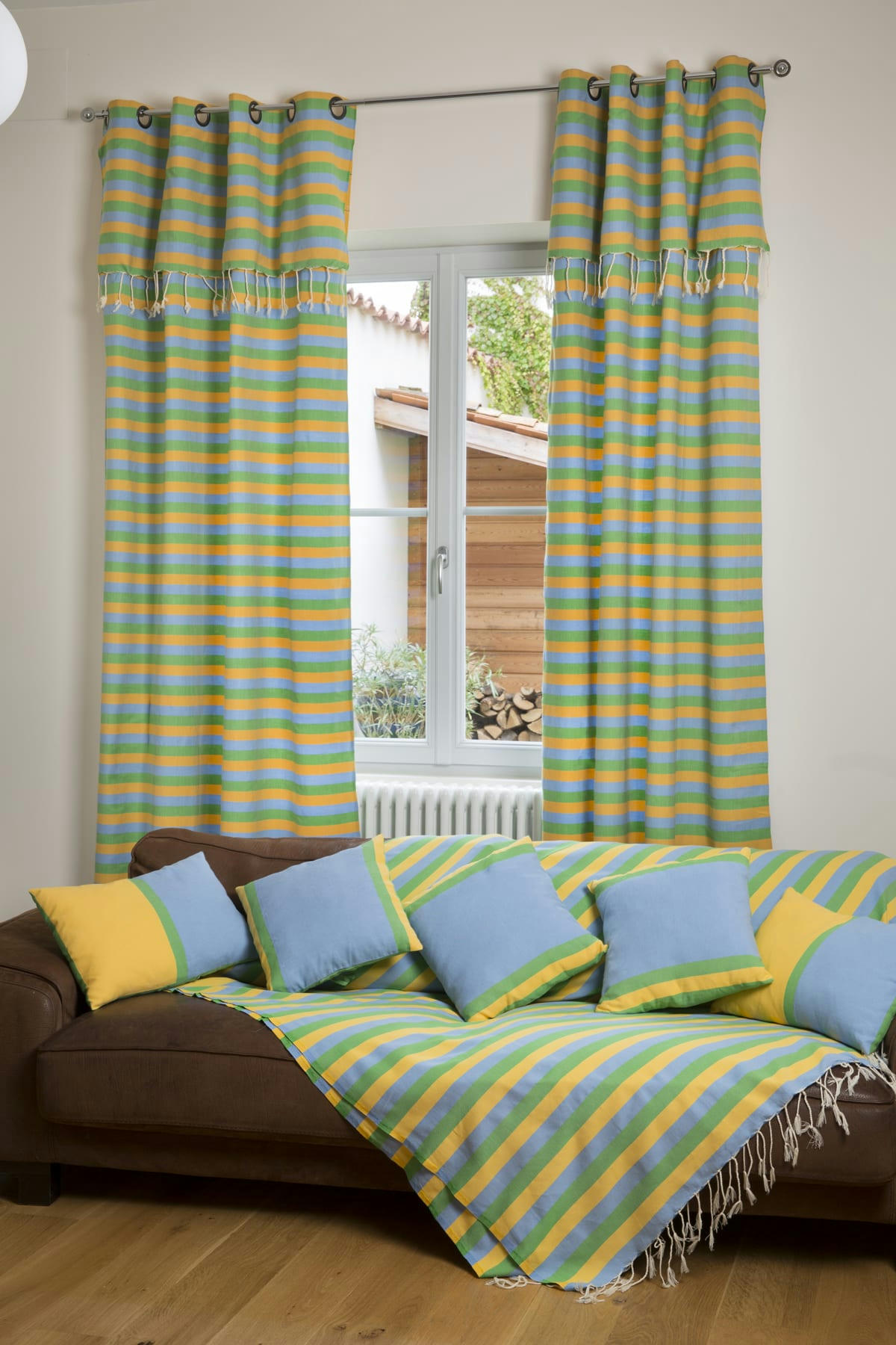 DJERBA - Rideau ajustable coton jaune turquoise vert 140 x 210 à 240