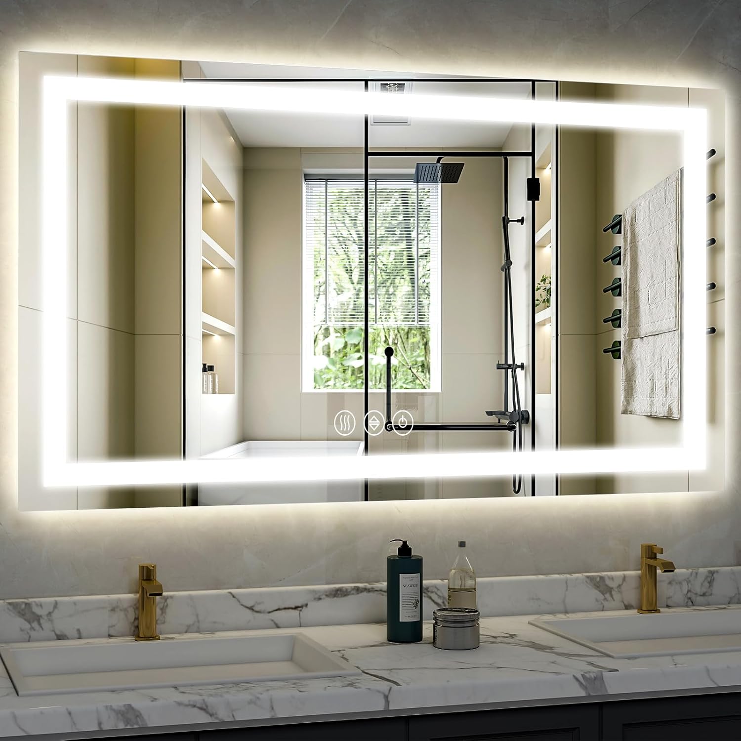 40x 60LED Bathroom Mirror, Backlit + Front Lit, LED Bathroom Mirror with Lights for Wall, 3 Colors, Anti-Fog, Dimmable Brightness, Tempered Glass
