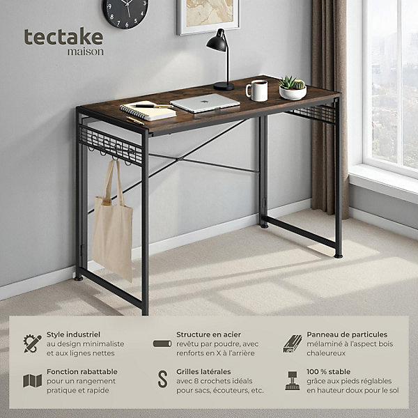 Bureau Style industriel Pliable avec surfaces grillagées latérales et 8 crochets
