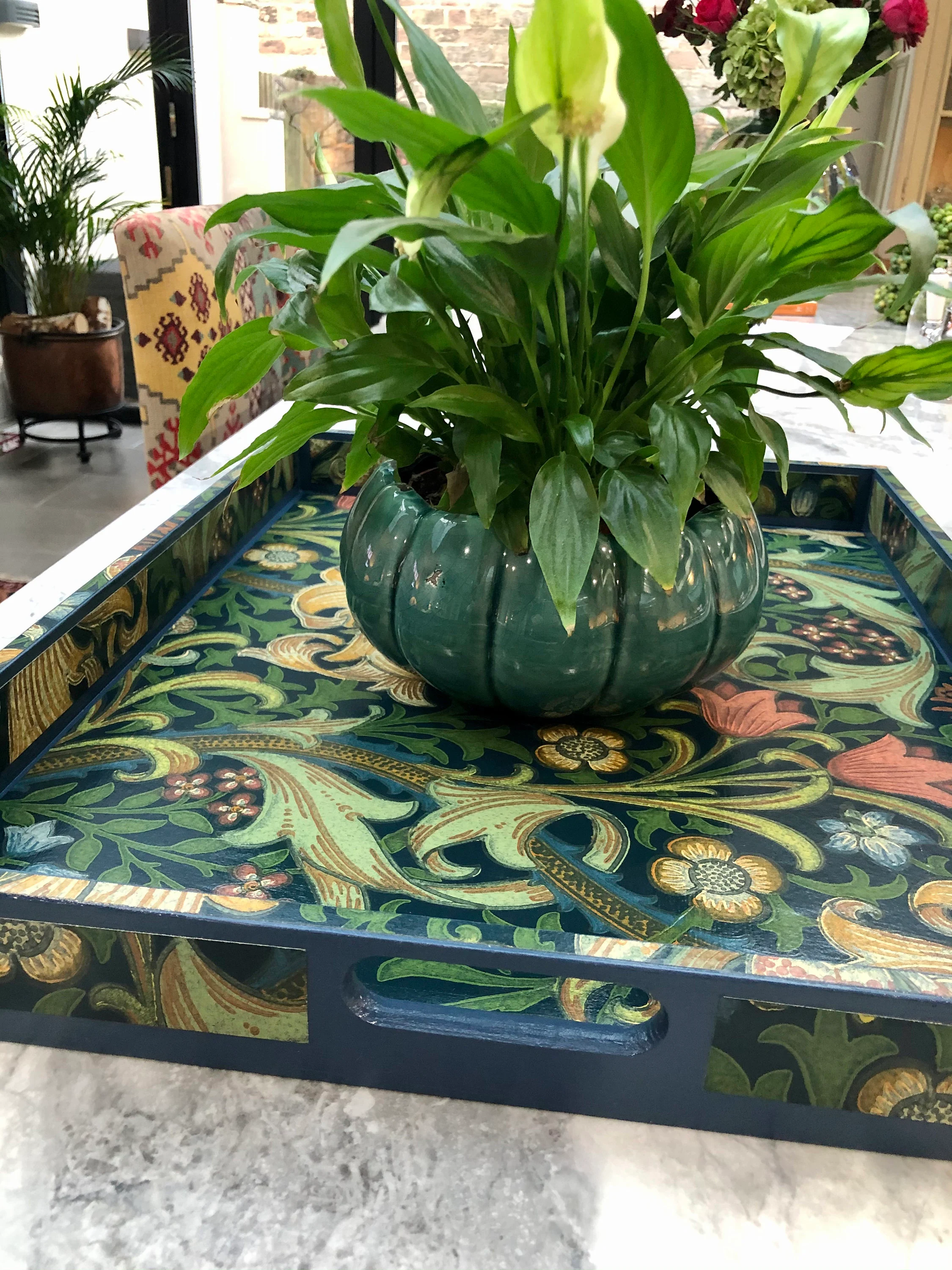 Woodford - William Morris Golden Lily Tray. Large Tray. Breakfast Tray. Coffee table tray. Navy blue tray