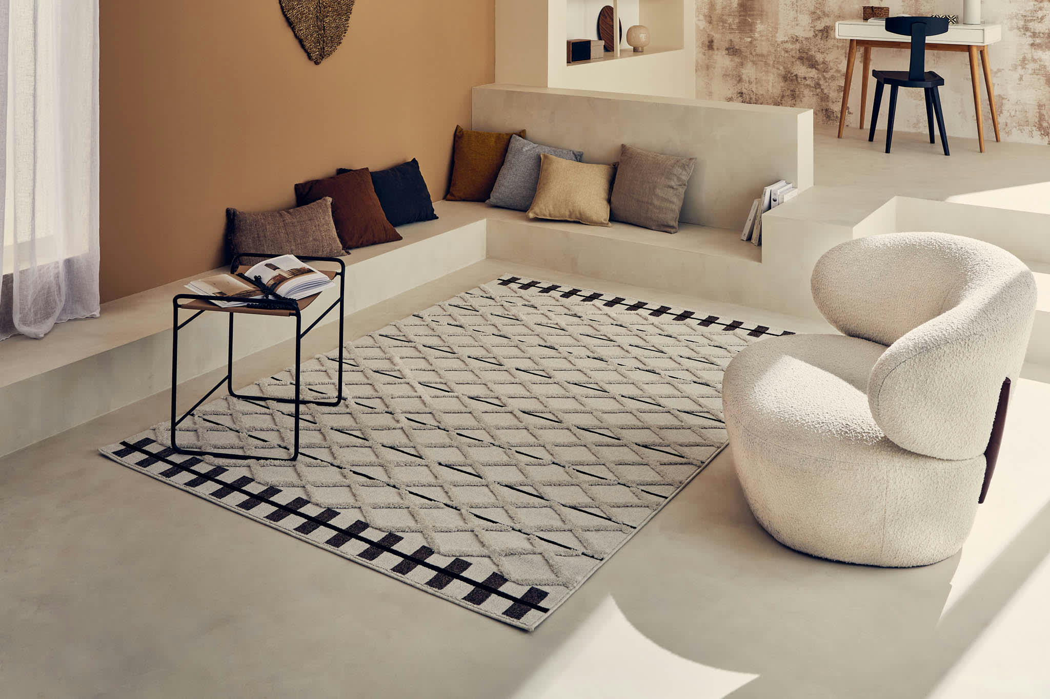 NALA - Tapis salon crème et marron motif en 3D - 80x150