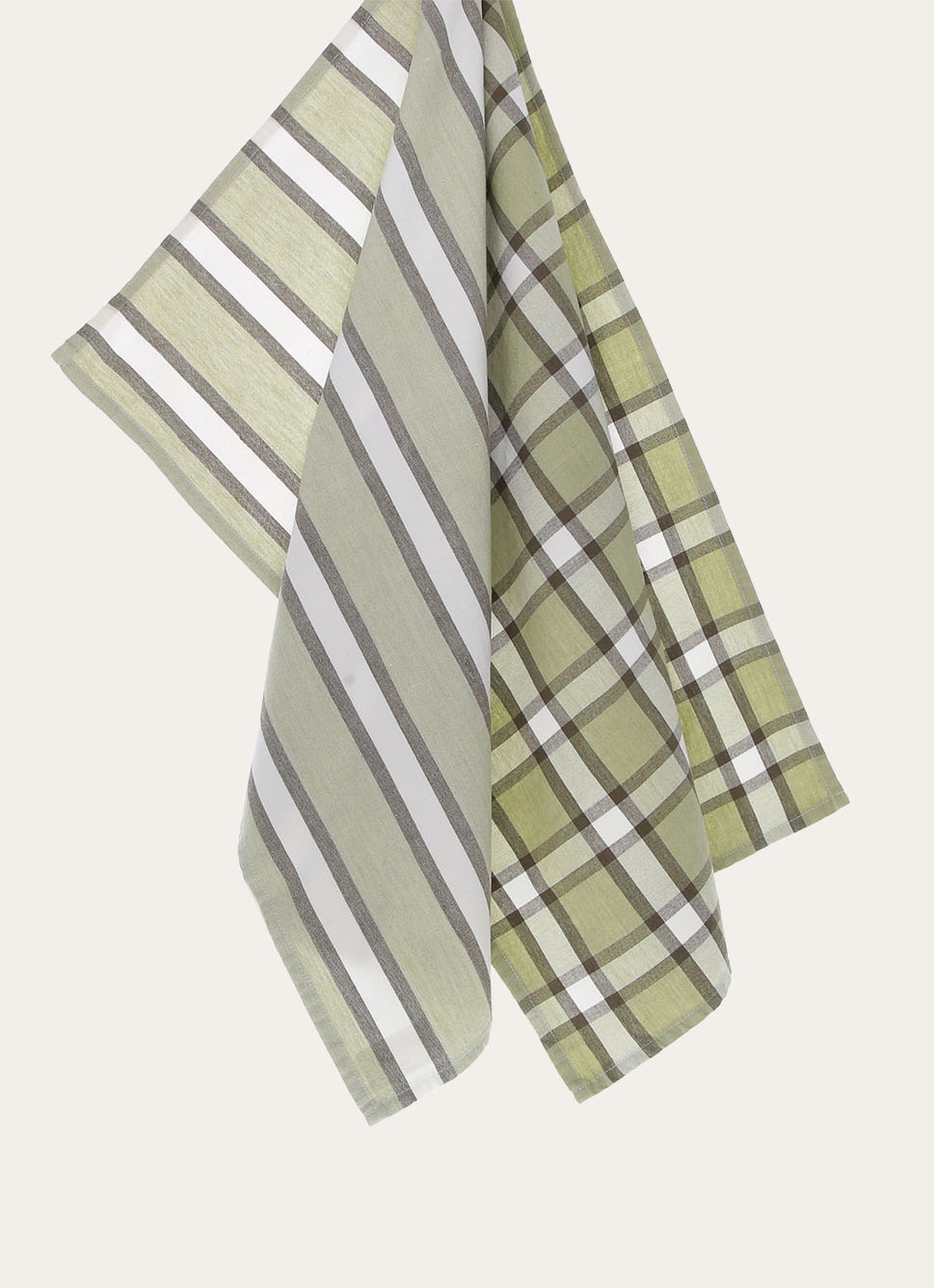 LOT DE 2 TORCHONS à CARREAUX & RAYURES VERT KAKI