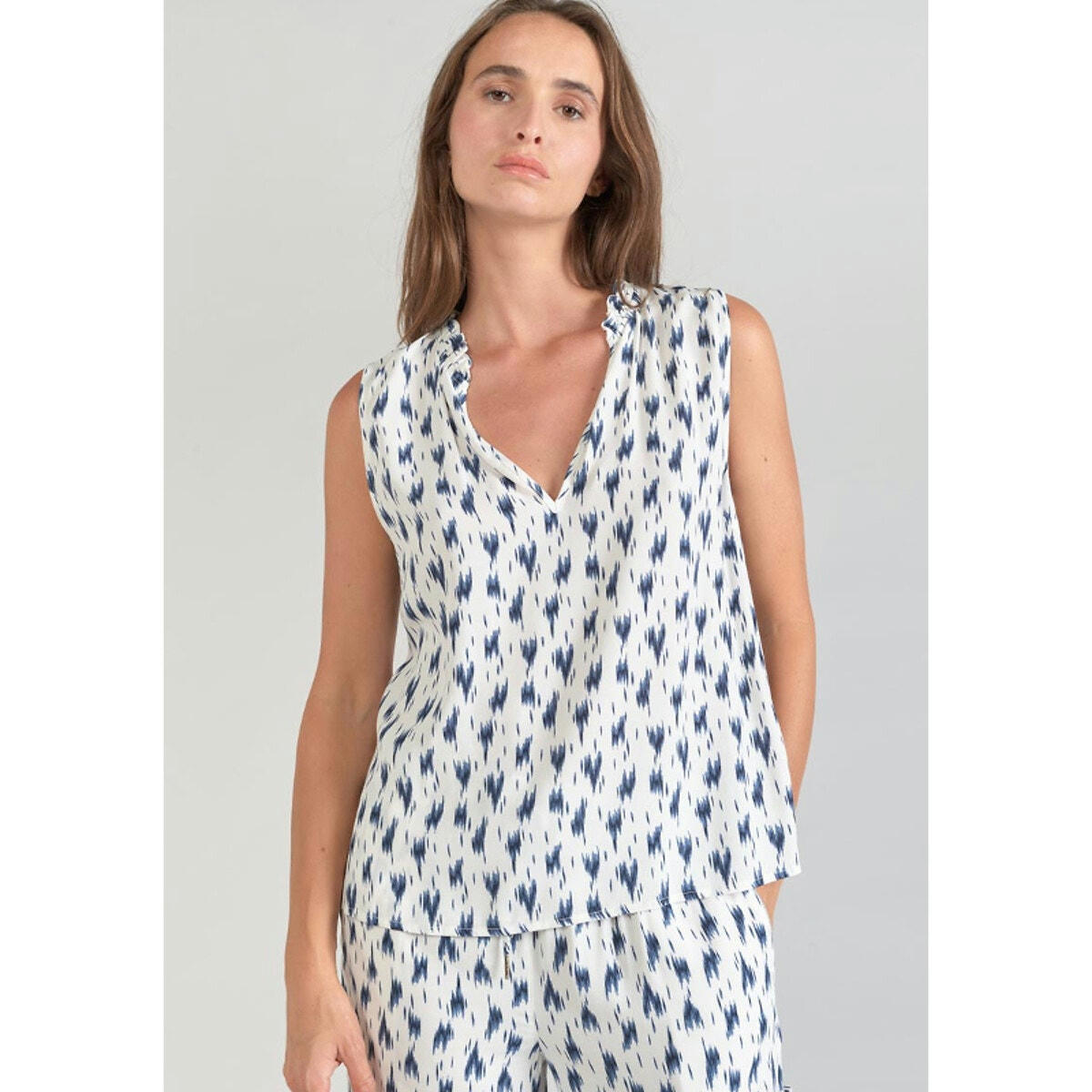 Blouse col v, sans manches, imprimée