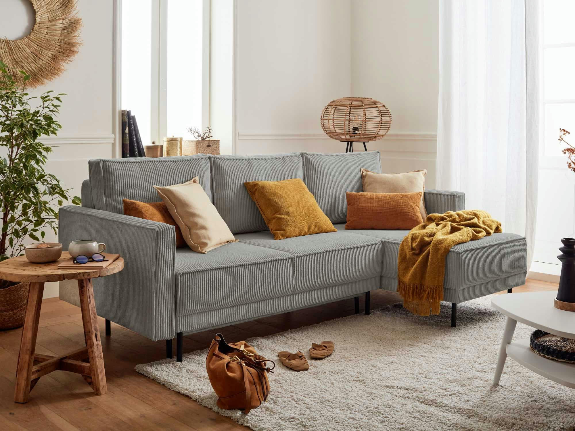 CHARLIE - Canapé d'angle réversible convertible 4 places en velours côtelé gris