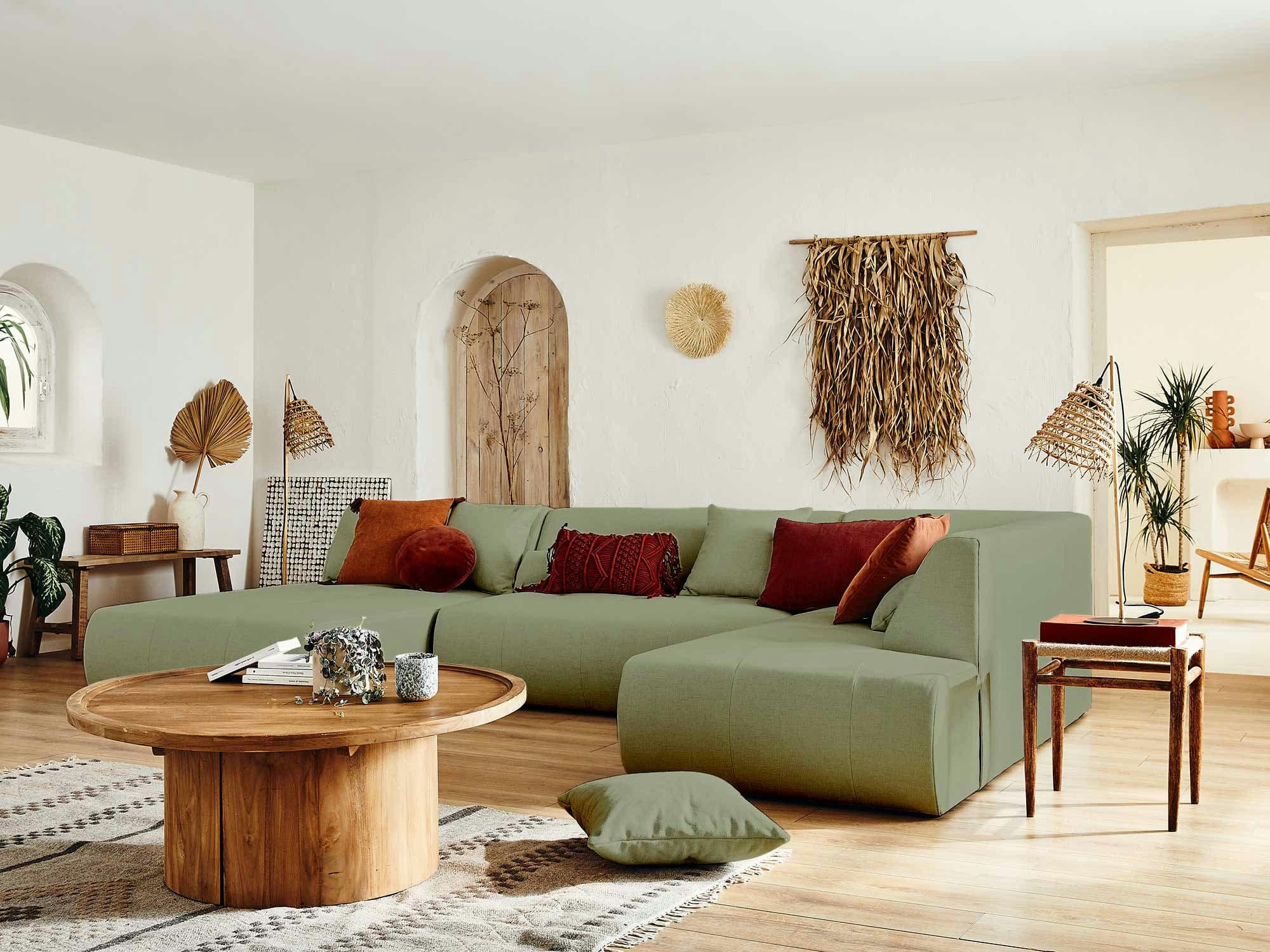 ONYX - Canapé modulable 7 places angle droit en tissu vert sauge