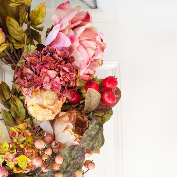 Peony Hydrangea Artificial Spring Floral Wreath, Pink Red - 24-Inch