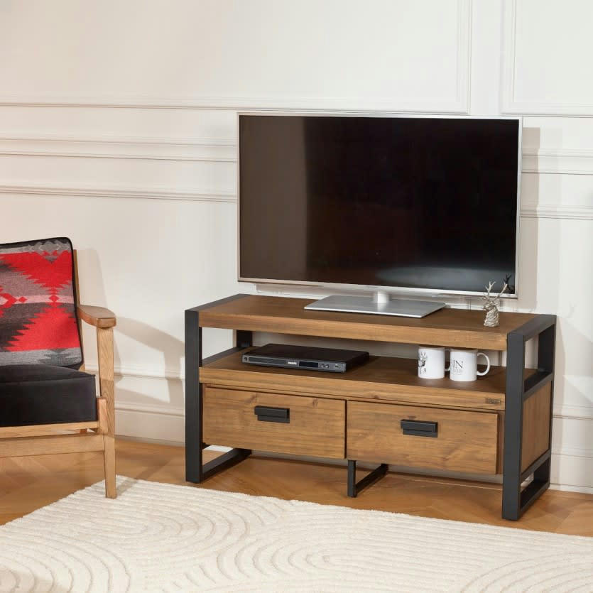 JACK - Meuble tv industriel bois et métal 2 tiroirs