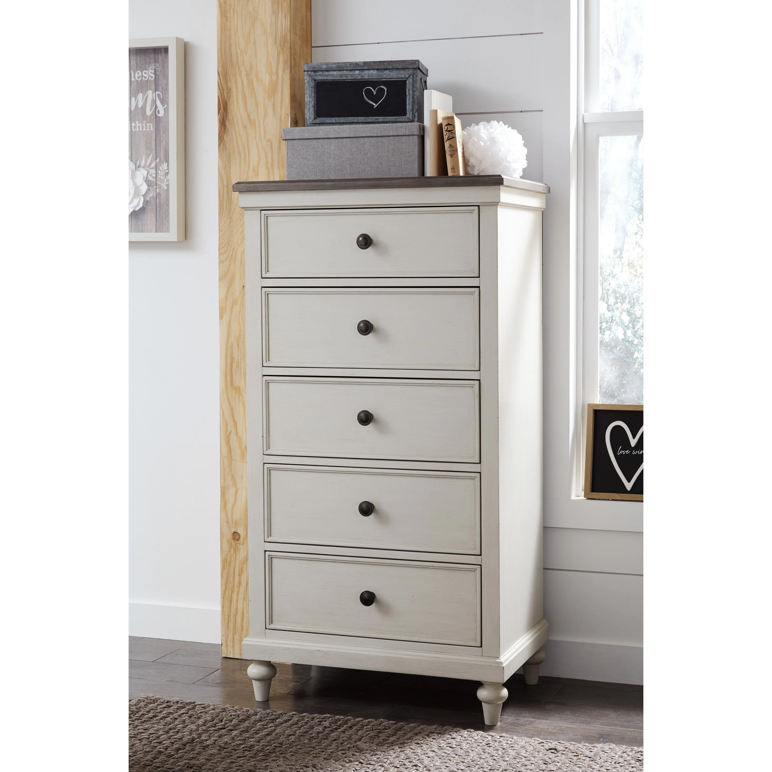 Brookhaven Youth Five Drawer Lingerie Chest in Vintage Linen and Rustic Dark Elm Finish Wood