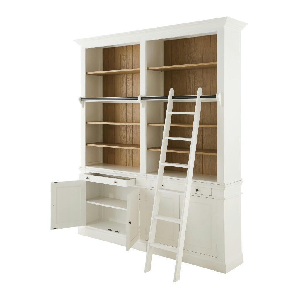 Versailles - Bibliothèque 2 tiroirs 4 portes avec échelle blanche