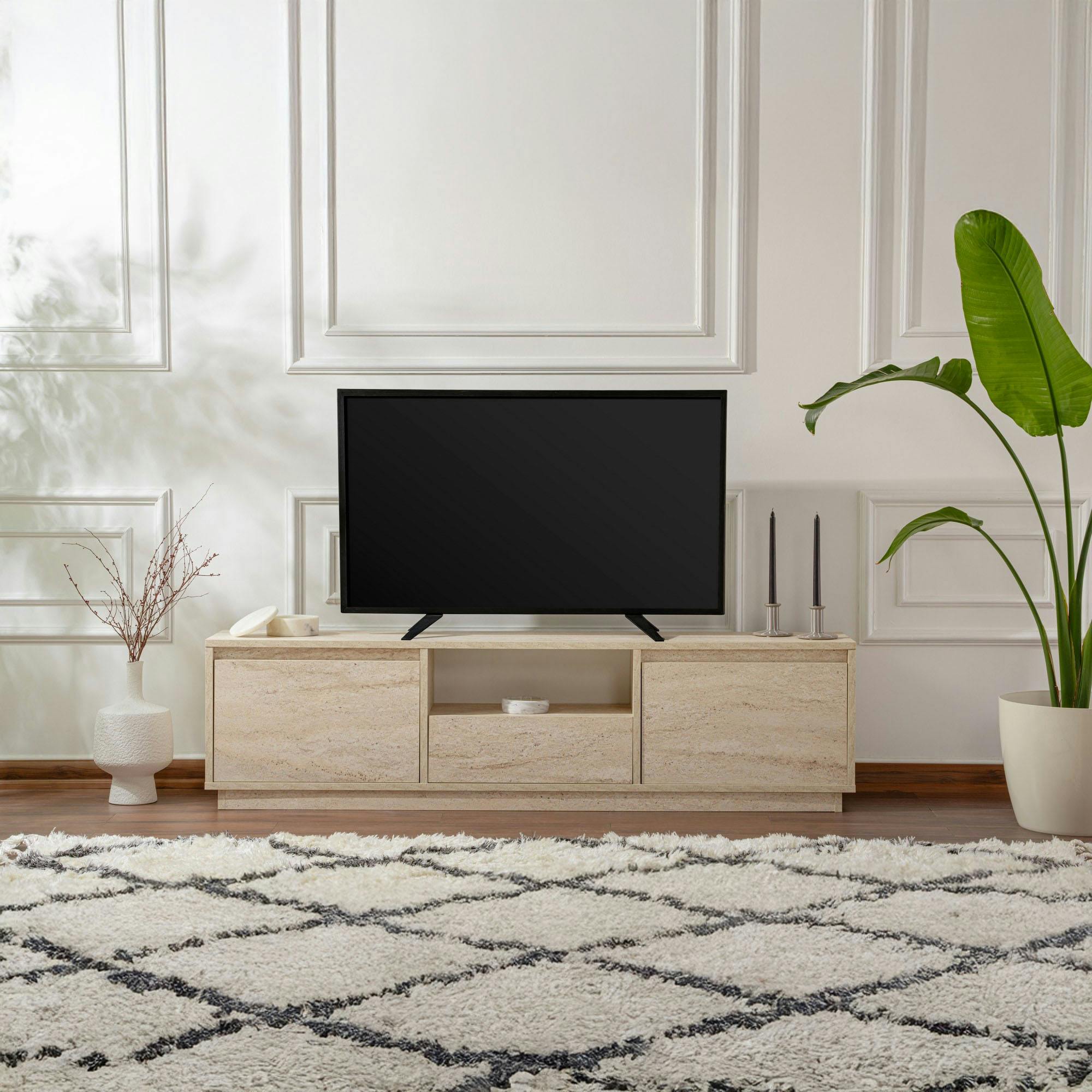 Meuble TV avec rangement - effet travertin MARFA