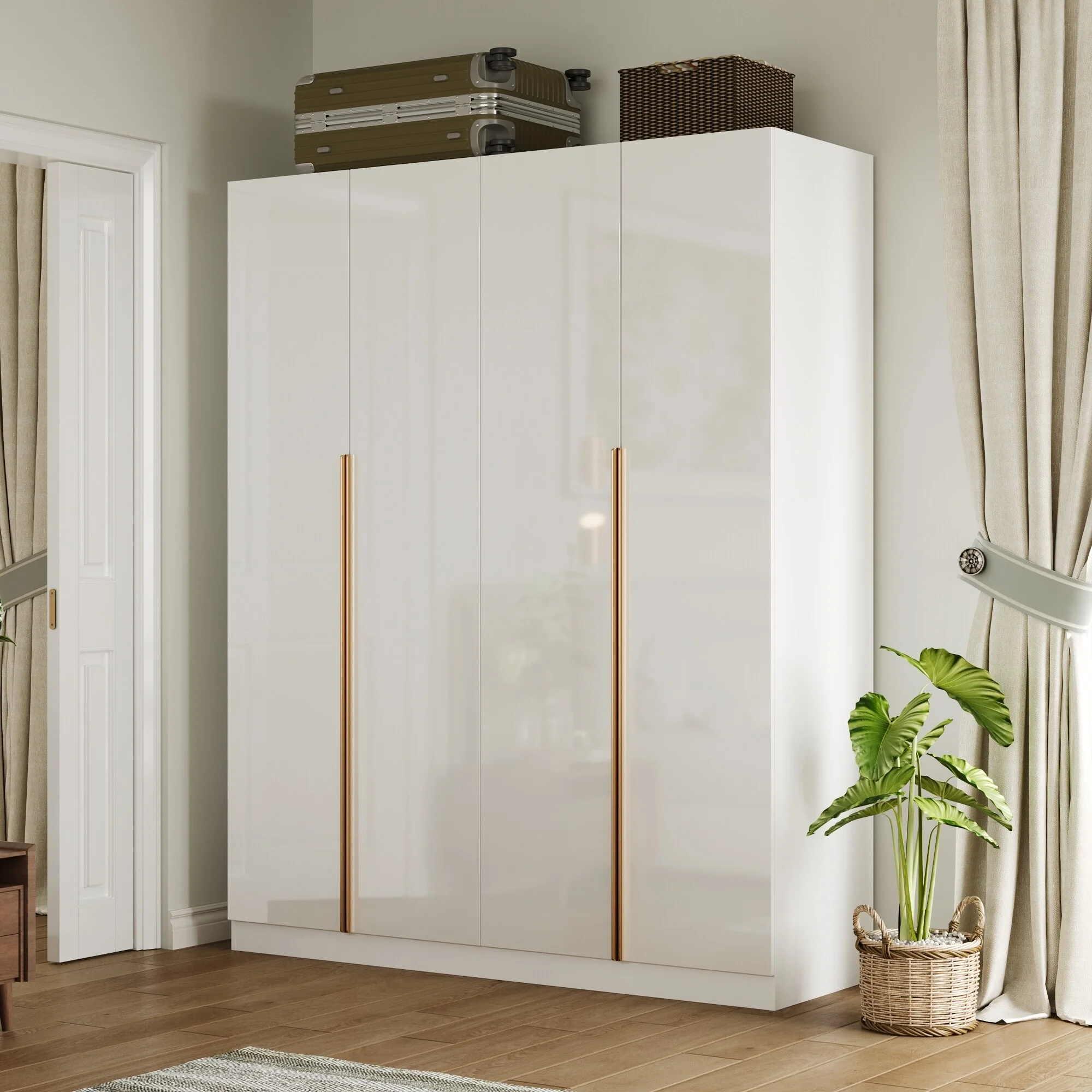 High Gloss Wardrobe with Shelves and Hanging Rods White 3 Door Closet Organizer