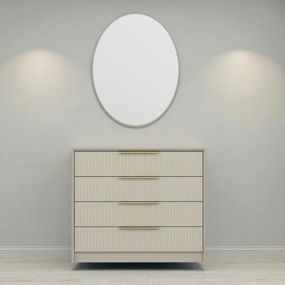 Commode moderne beige 4 tiroirs, miroir assorti BYRON