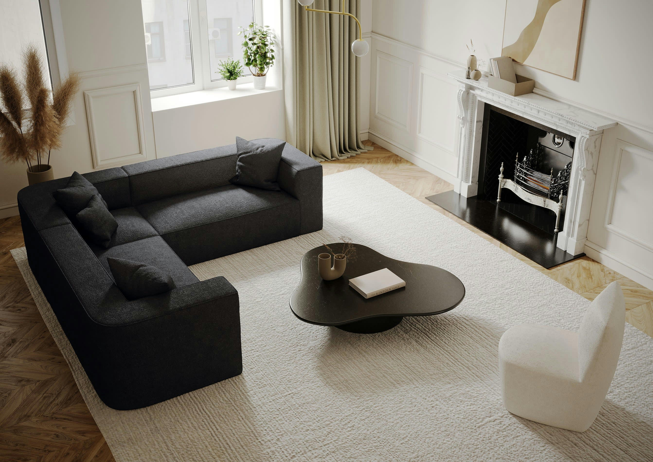 ALMA - Canapé d'angle symétrique tissu bouclette noir