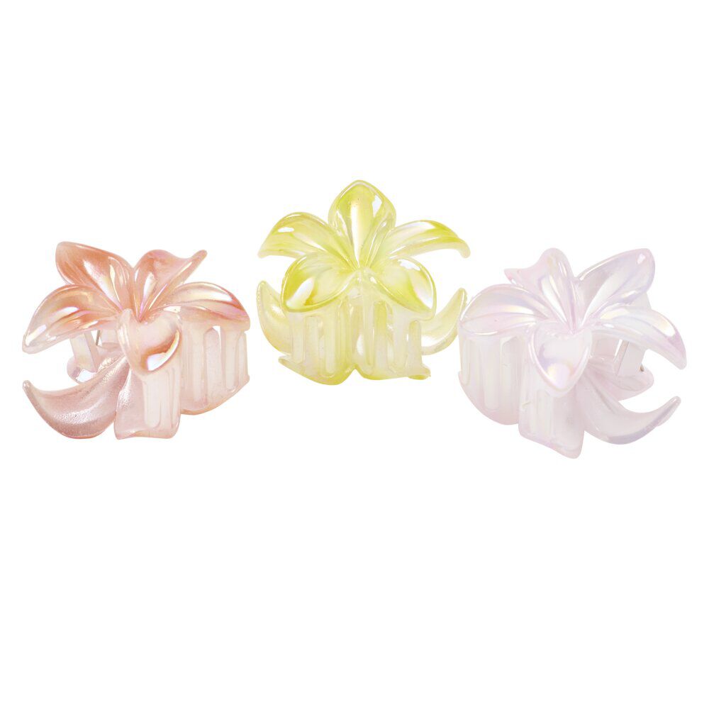 Pince cheveux x3 mini fleur de tiaré nacré plastique jaune rose orange L5cm