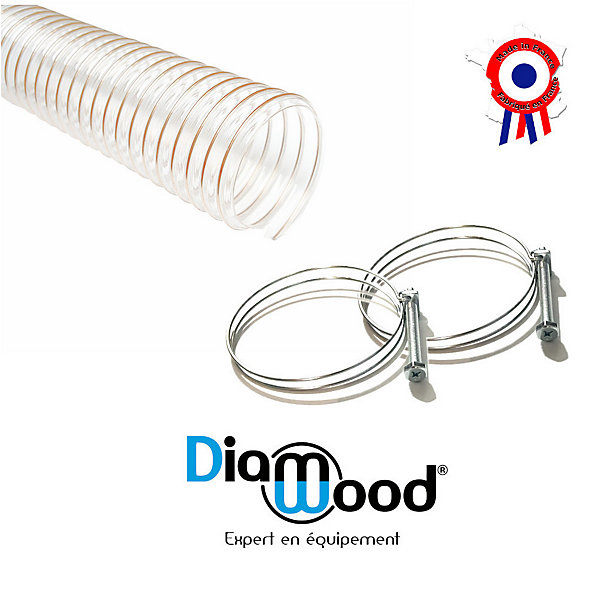 10M Tuyau Flexible Aspiration Poussières Copeaux Bois PU Acier Cuivré D. 100mm   2 Colliers Serrage - Diamwood