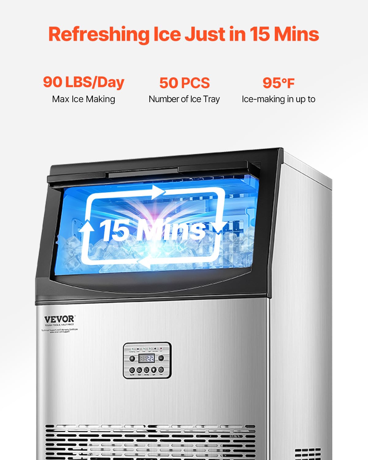 VEVOR 90lbs/24H Commercial Ice Maker Machine with Drain Pump, 33lbs Storage Capacity Ice Maker, 50 Ice Cubes in 15 Minutes, LED Digital Display Freestanding Self-Cleaning for Bar Office Restaurant