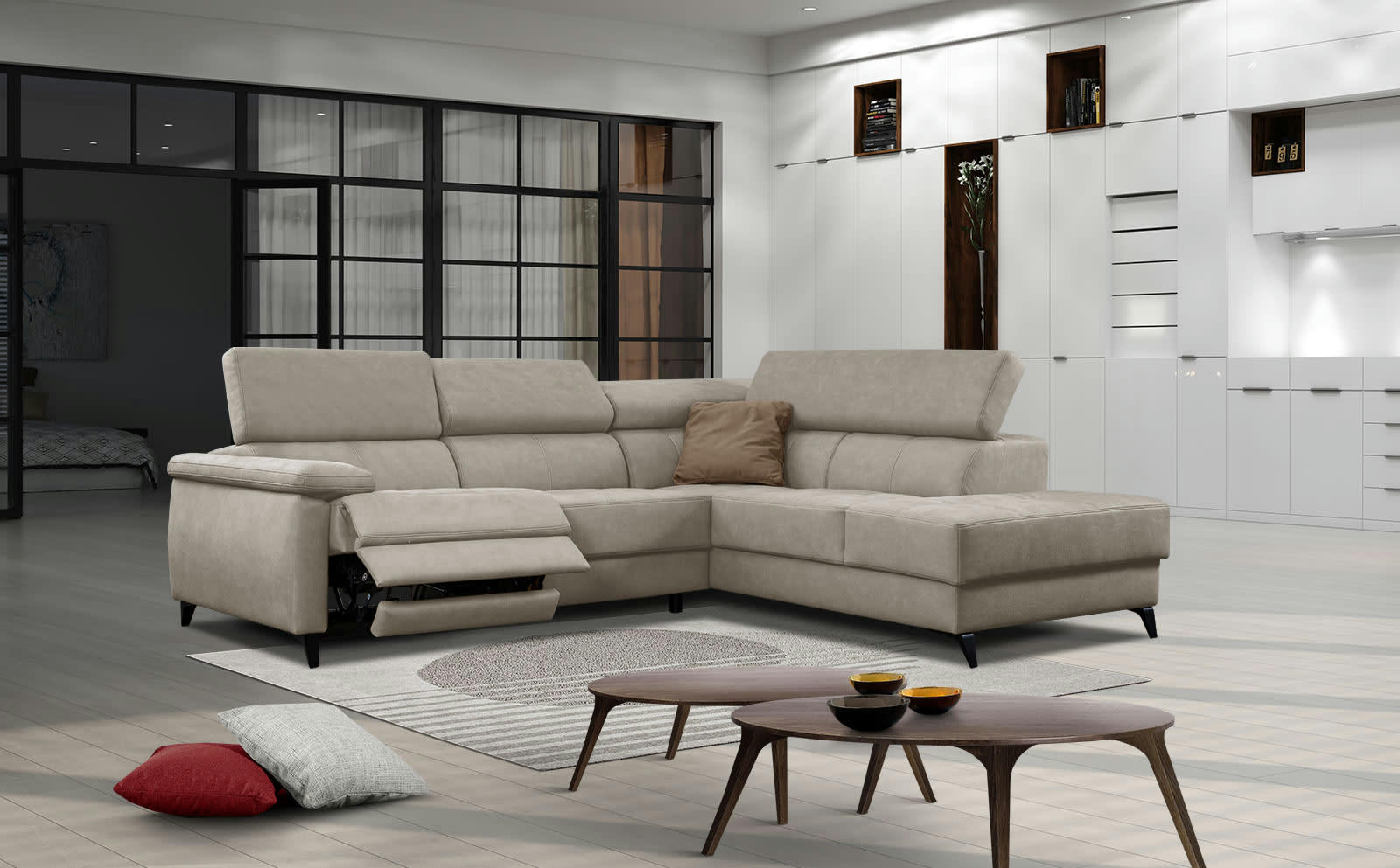 TAUNUS - Le canapé d'angle droit 5 places beige clair avec une relaxation