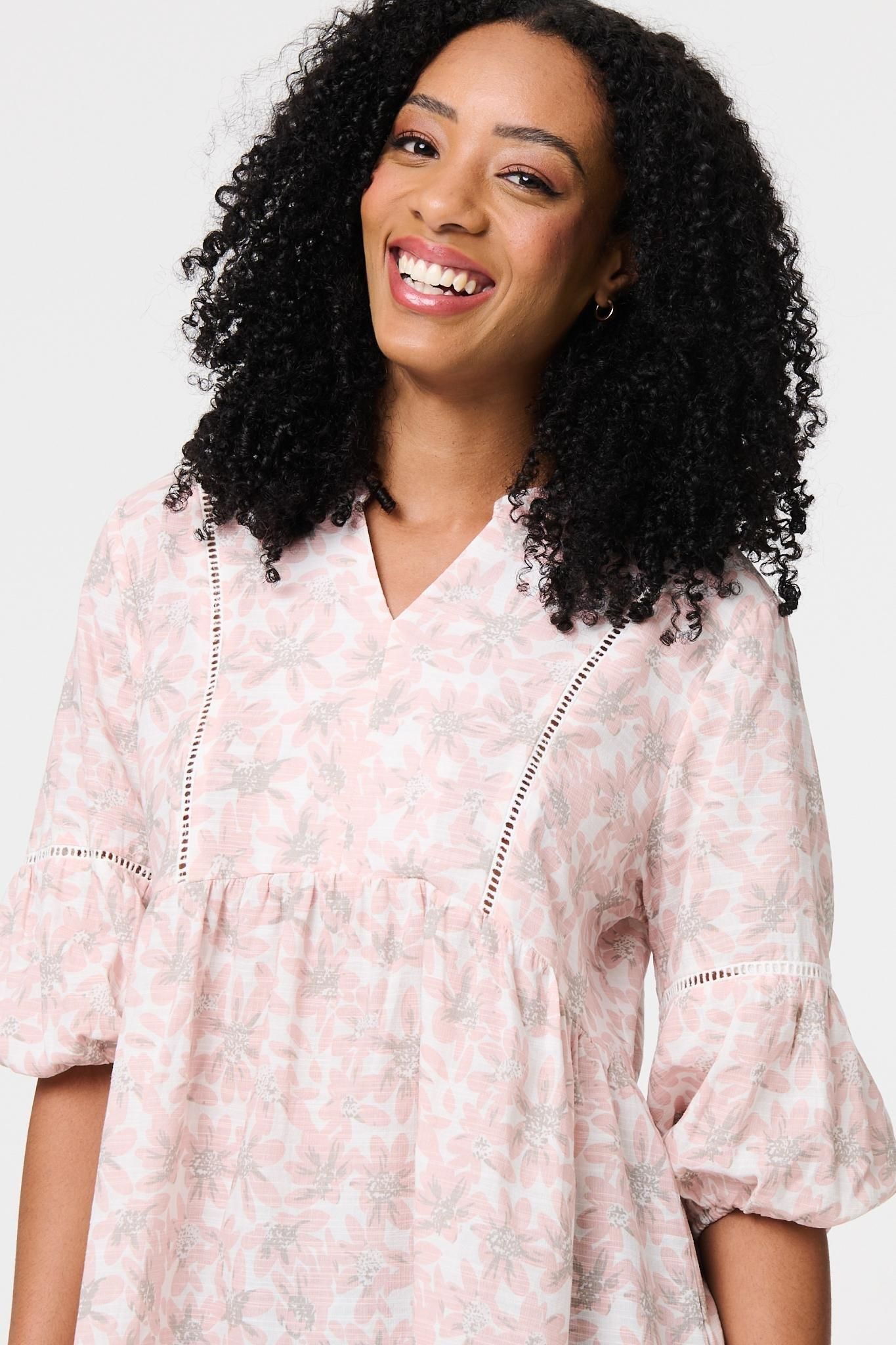 Izabel London Floral Curve Hem 3/4 Puff Sleeve Blouse