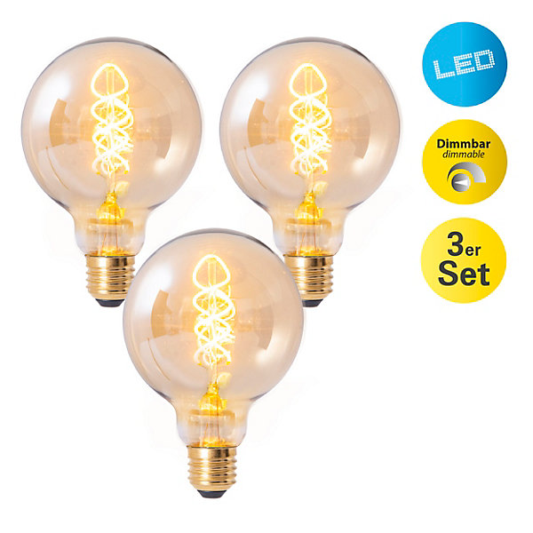 Ampoules LED 'DILLY' set de 3 avec douille E27, 4 Watt D: 9,5cm, en métal et verre, ambre