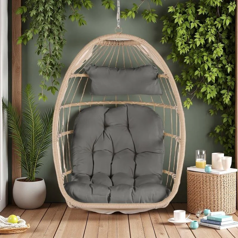 Rattan Egg Hanging Chair with UV-Resistant PE Wicker with Wood Frame and Waterproof Cushion
