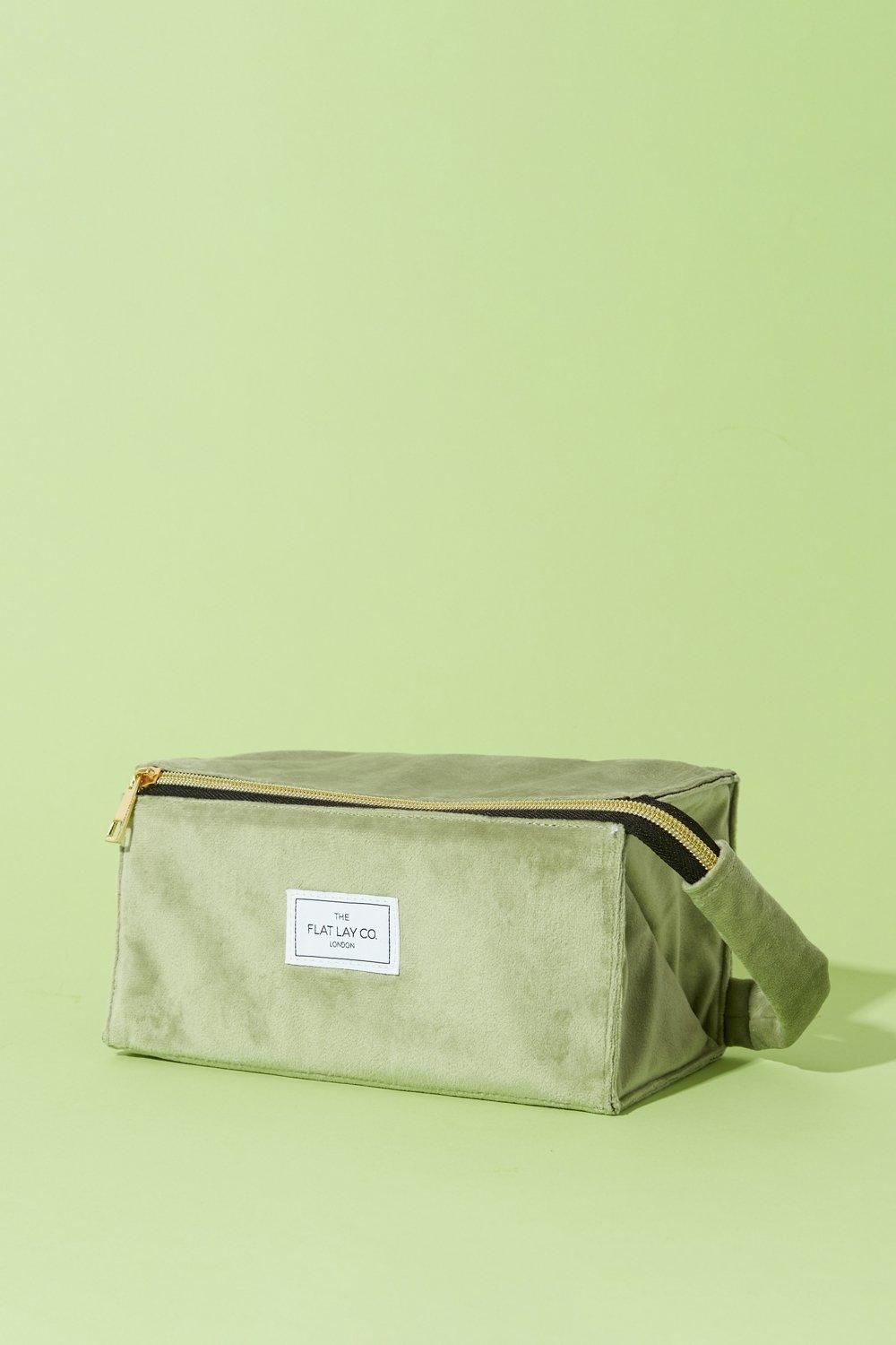 The Flat Lay Co Sage Velvet Open Flat Makeup Box Bag