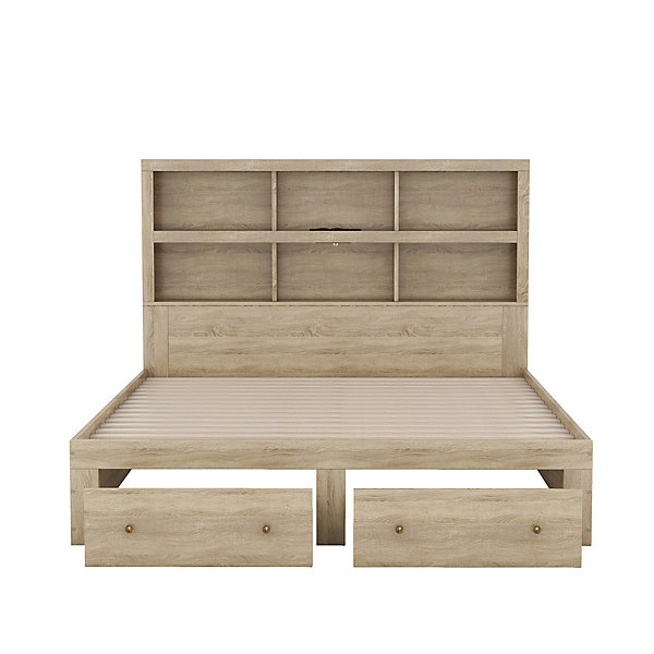 Lit adulte lit 160x200 cm avec deux tiroirs avec rangement tête de lit lit double panneau de particules Neutral