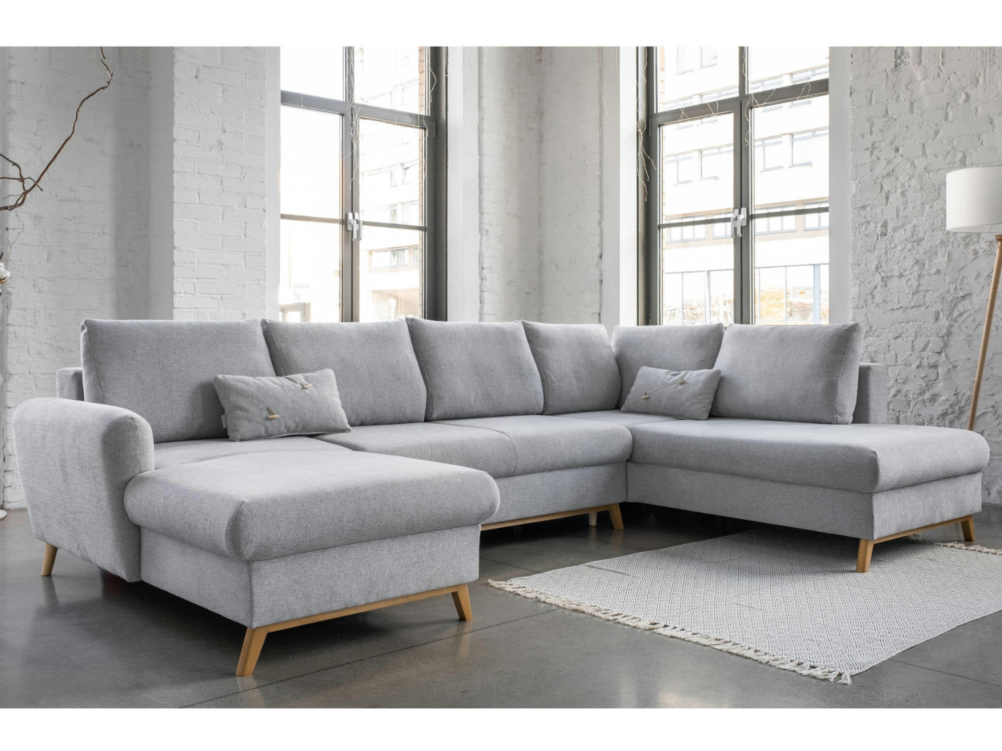 LAGOM - Canapé panoramique 7 places angle droit en tissu gris clair