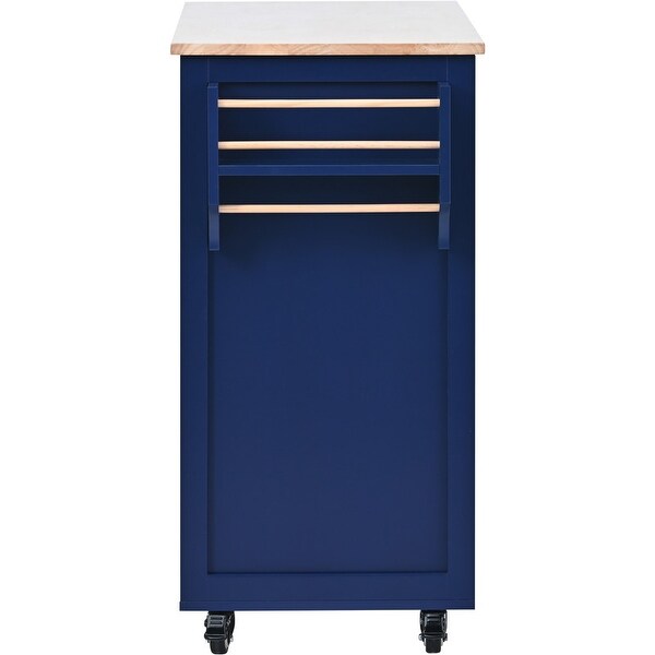 Kitchen Cart with Rubber Wood Countertop, Kitchen Island has 8 Handle-Free Drawers Including a Flatware Organizer and 5 Wheels