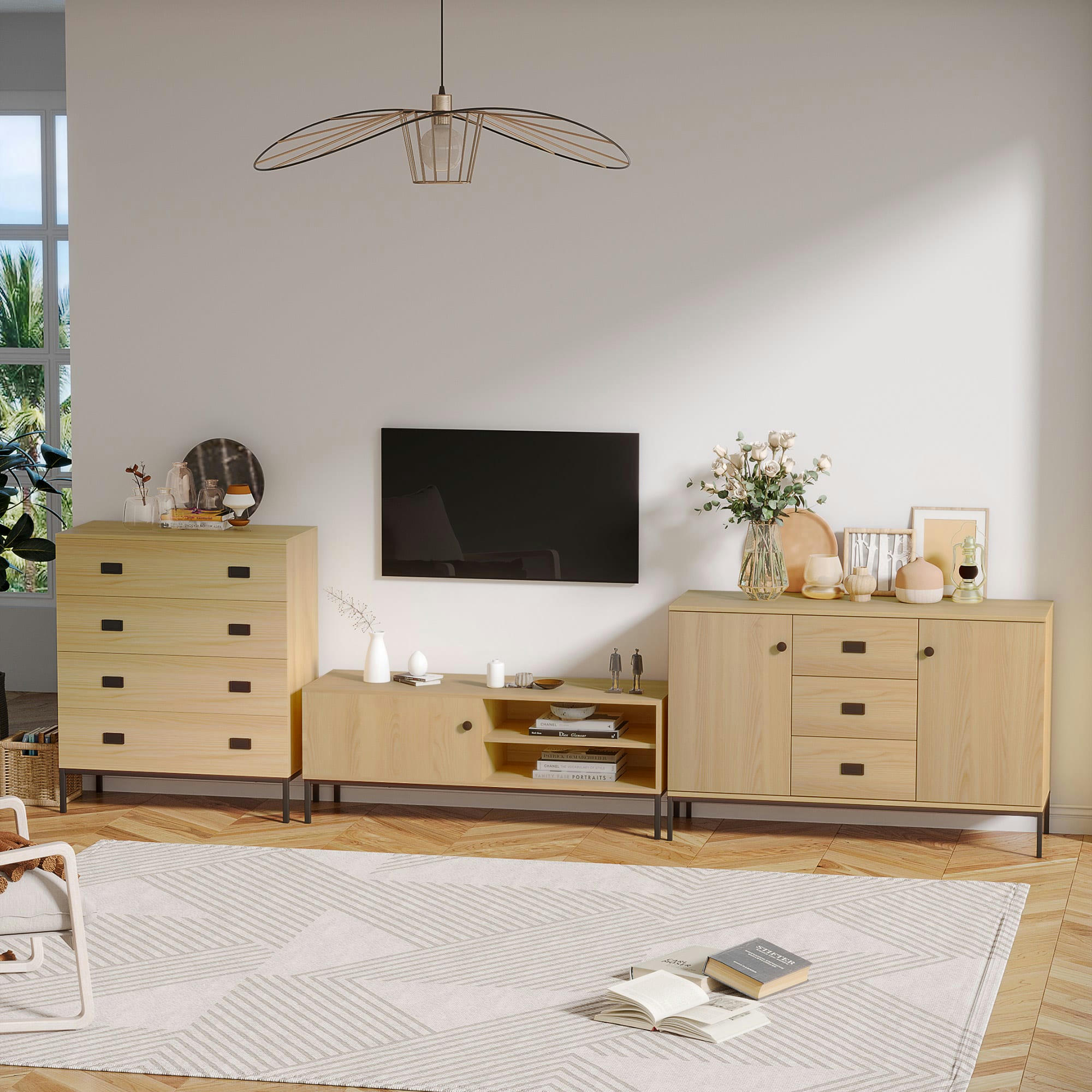 - Meuble TV banc TV design industriel - porte coulissante, 2 niches
