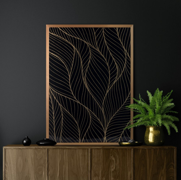 Dekoracyjny obraz lotos4, 53x73 cm, złote liście