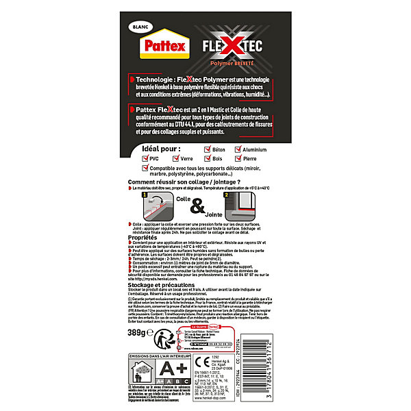 Mastic colle Pattex Flextec blanc 389g