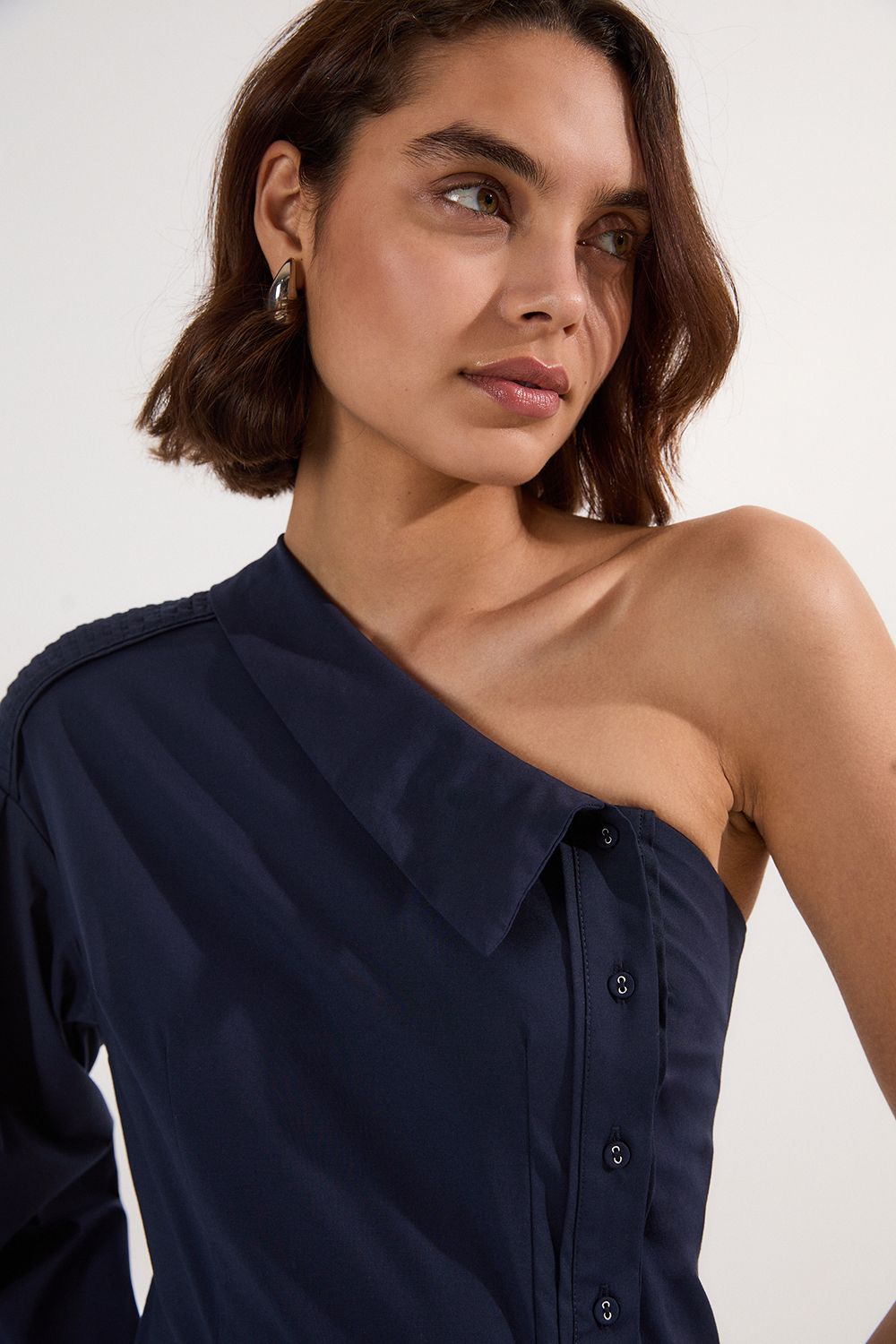 KarenMillen Cotton Poplin Top Stitch Detail One Shoulder Woven Midi Dress