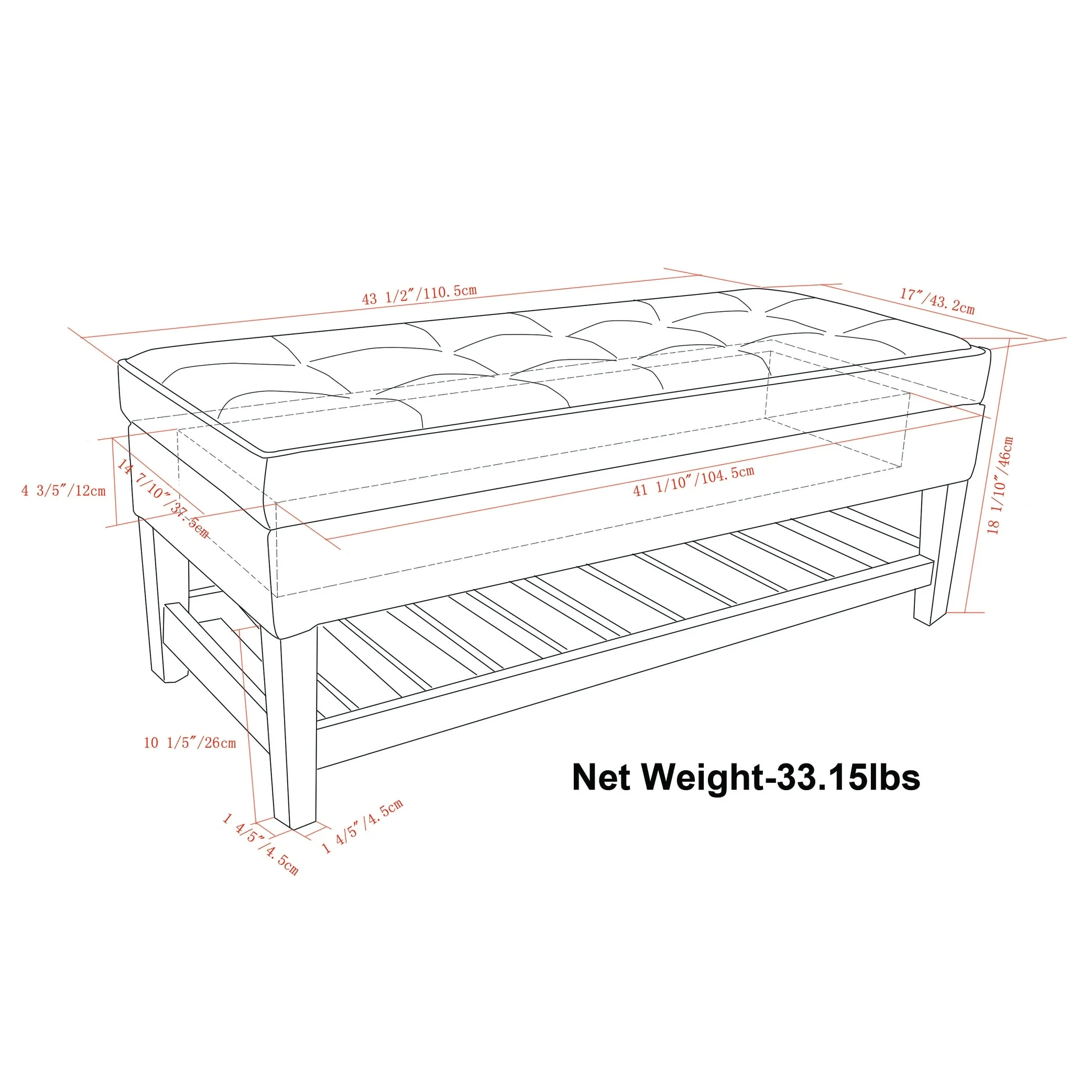 WYNDENHALL Essex 44 inch Wide Transitional Rectangle Ottoman Bench