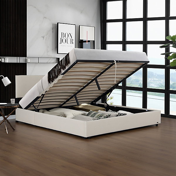 Lit coffre Juva rembourré avec velours côtelé 140 x 200 cm beige Corium