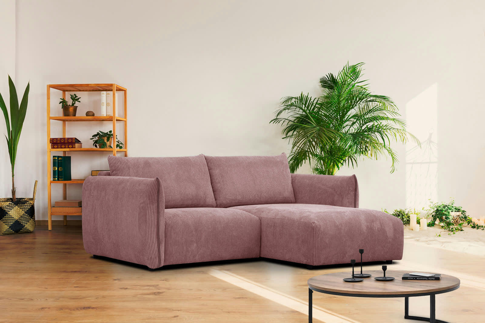 TAUER - Canapé d'angle droit 3 places tissu rose