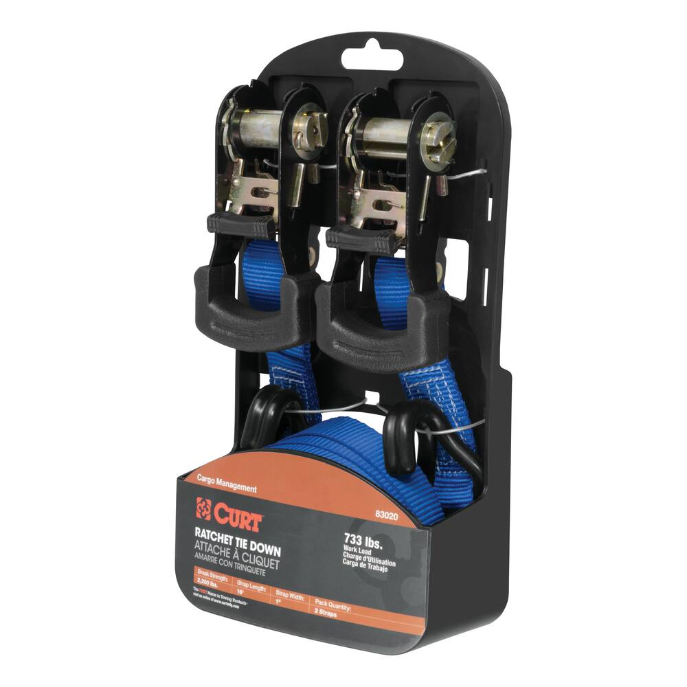 CURT Cargo Straps w/ J-Hooks, Blue, 733-lb, 16-ft, 2-pk