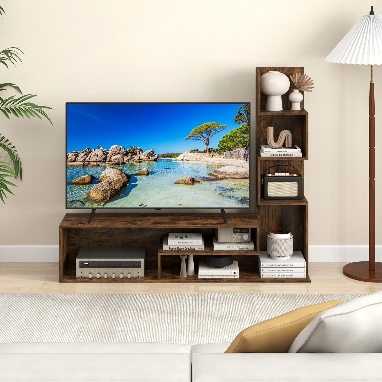 Rustic Brown Engineered Wood L-Shaped TV Stand for 50 inches TVs with Storage Shelves - 56.8” x 11.6” x 47.6” (L x W x H)