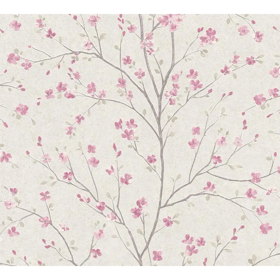 Livingwalls behang bloesemtakken gebroken wit en roze - 53 cm x 10.05 m