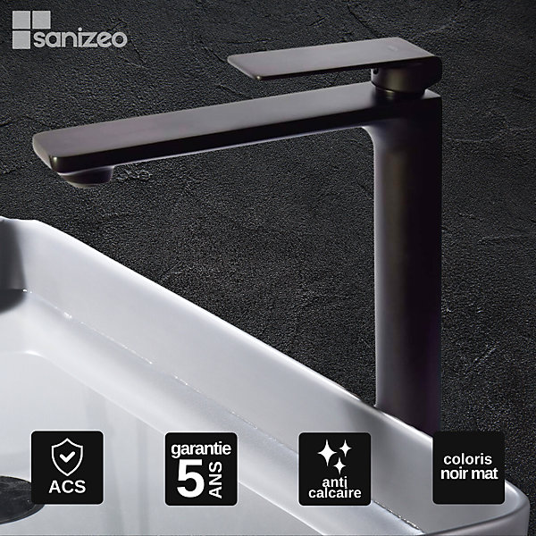 Mitigeur de Lavabo Anti-Calcaire Bec Haut Noir Mat IMEX FIYI BDF016-3NG