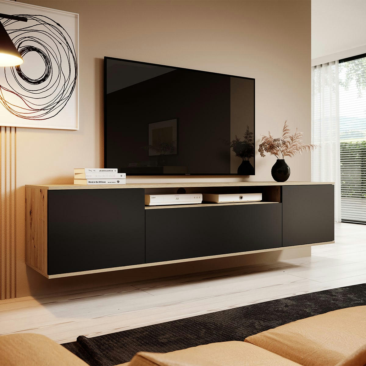 - Meuble TV mural 3 portes 180 cm stratifiés naturel et noir