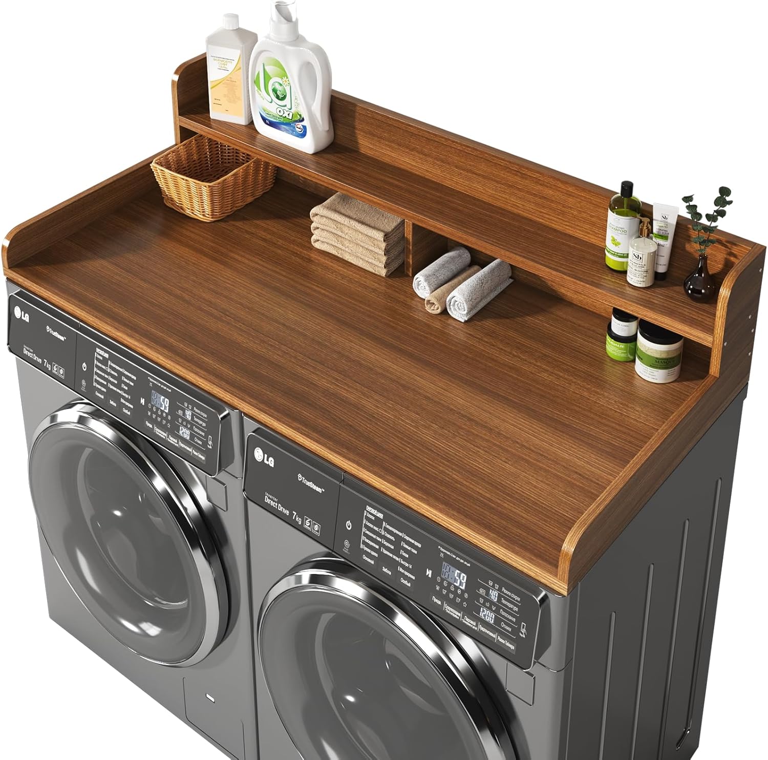 2-Tier Washer and Dryer Countertop with 2.75 H Guard,54 W x 27.5 D Laundry Countertop Cover with Non-Slip Pad,Large Space Laundry Topper for Folding Clothes Over Washer and Dryer-Brown