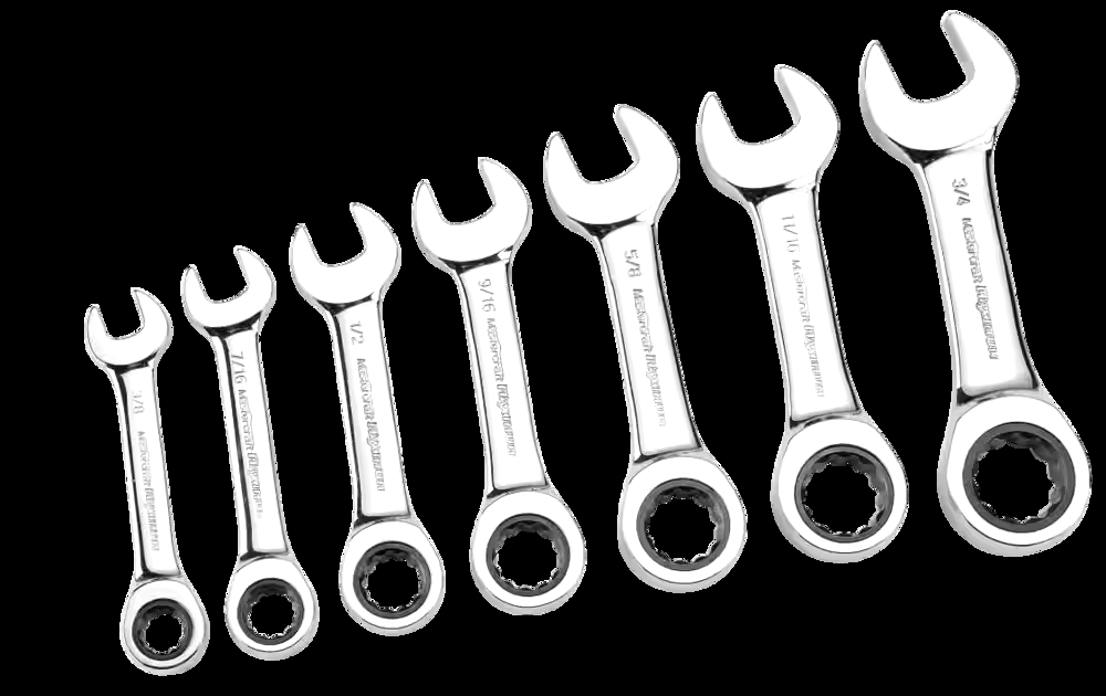 MAXIMUM Stubby Ratcheting Wrench Set, SAE, Nickel-Chrome Plating, 7-pc
