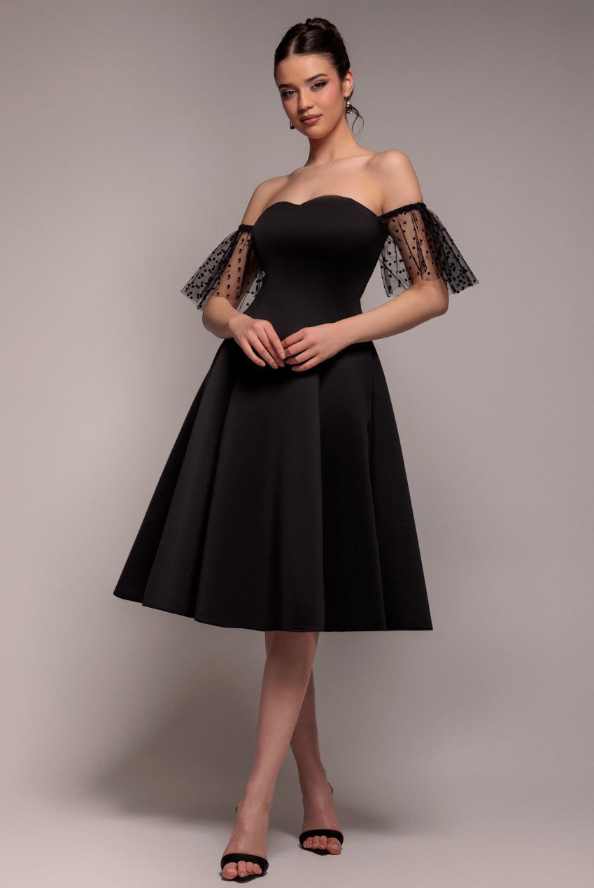 Goddiva Scuba & Polka Mesh Off The Shoulder Midi Dress