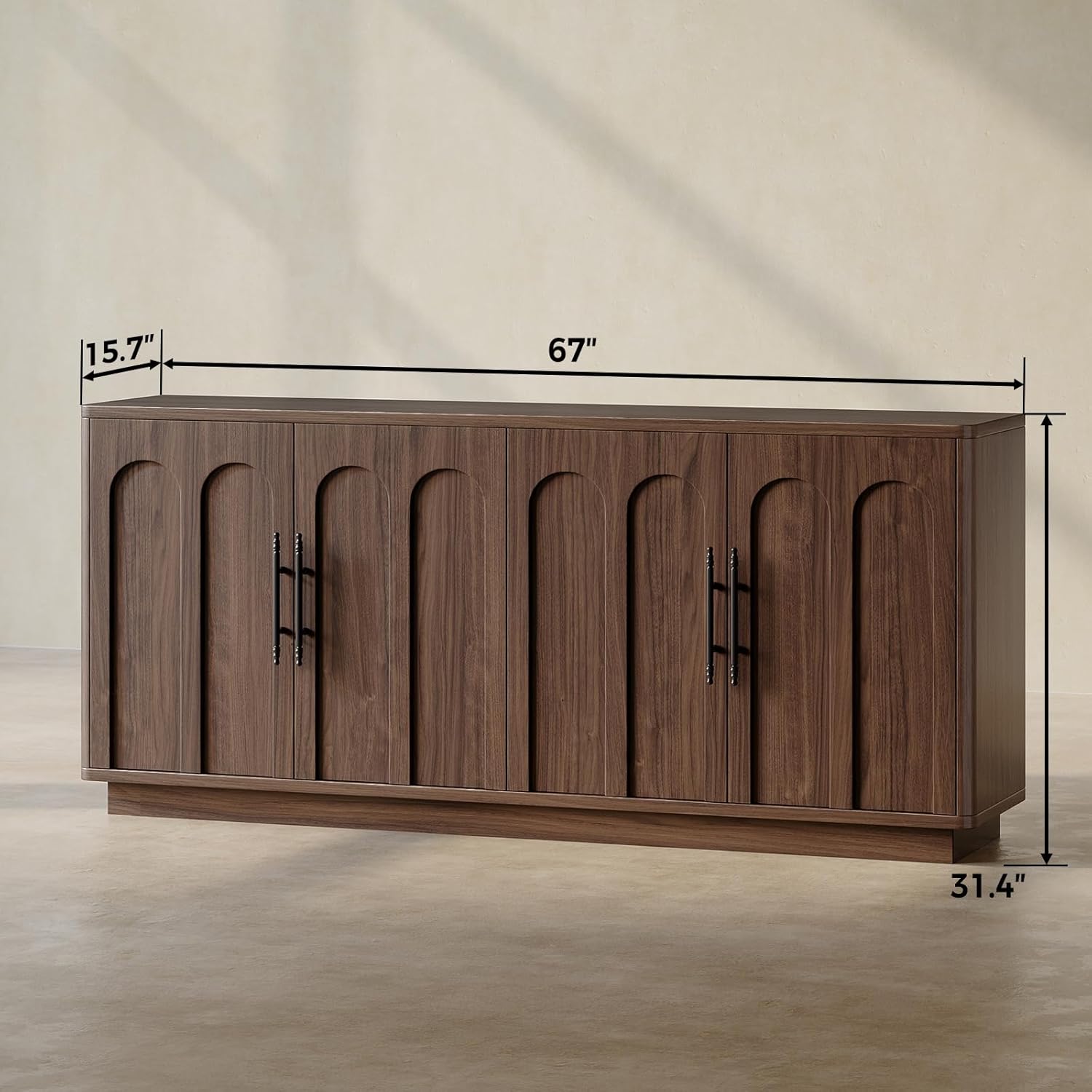 Evermagin 67 Arched Walnut Buffet Cabinet with Storage, Large Credenza with 4 Doors, Wood Mid Century Modern Sideboard for Kitchen and Living Room (67*31.5*15.7)
