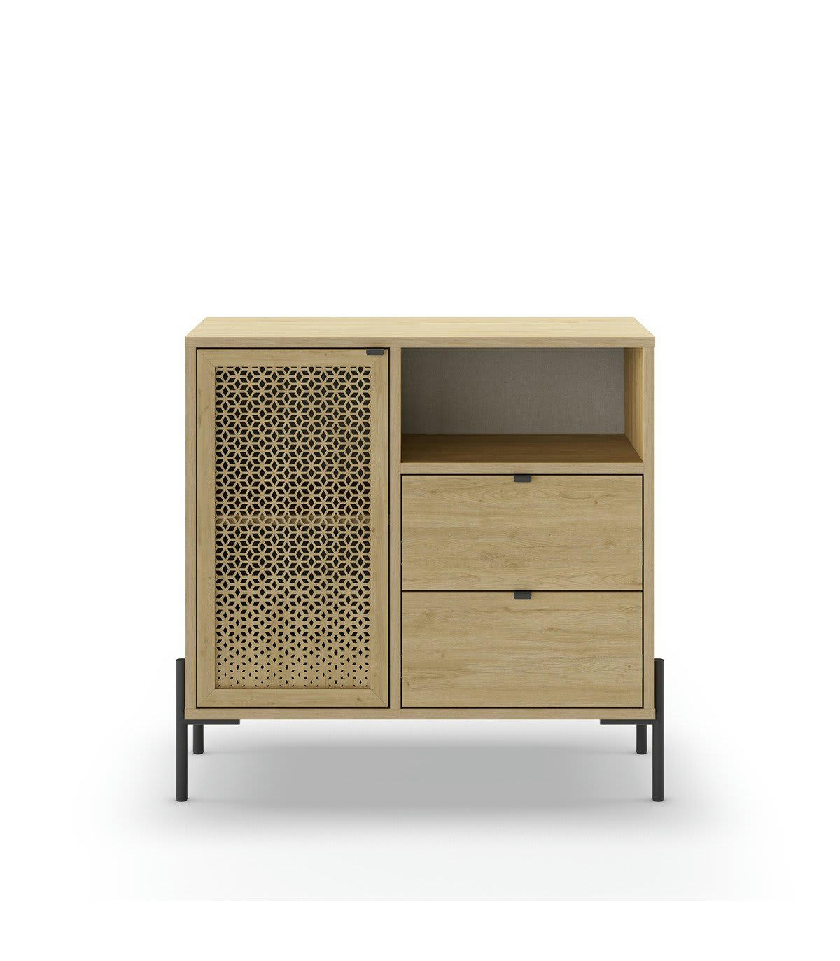 INCA - Petit buffet 1 porte, 1 niche, 2 tiroirs décor chêne - L80 cm