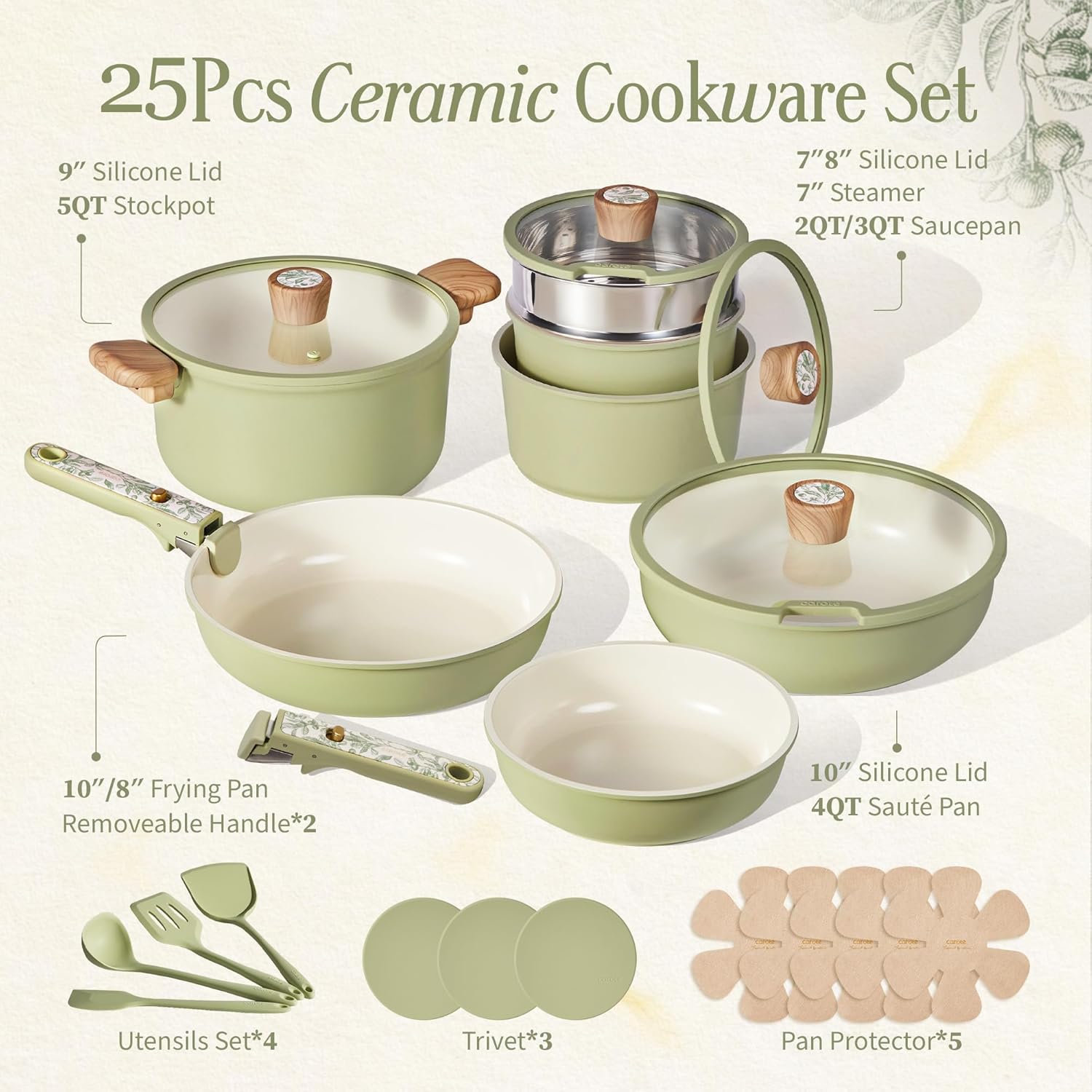 CAROTE 25-Piece Ceramic Cookware Set, Nonstick Pots and Pans Set with Detachable Handle, Non-Toxic Kitchen Cooking Set, Dishwasher & Oven Safe, Induction Compatible, PFAS Free, Green