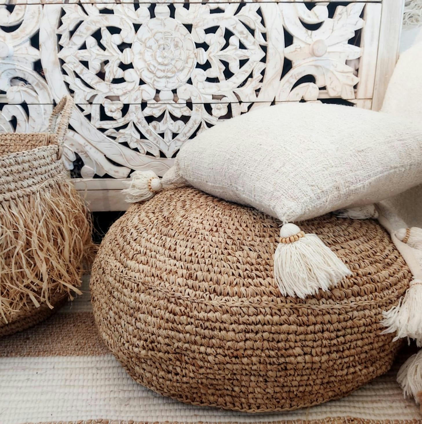 RAPHIA - Pouf rond en raphia beige D70cm