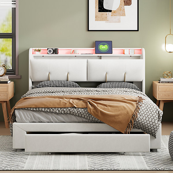 Lit double 160x200 cm en velours beige, avec rangement, LED et ports USB