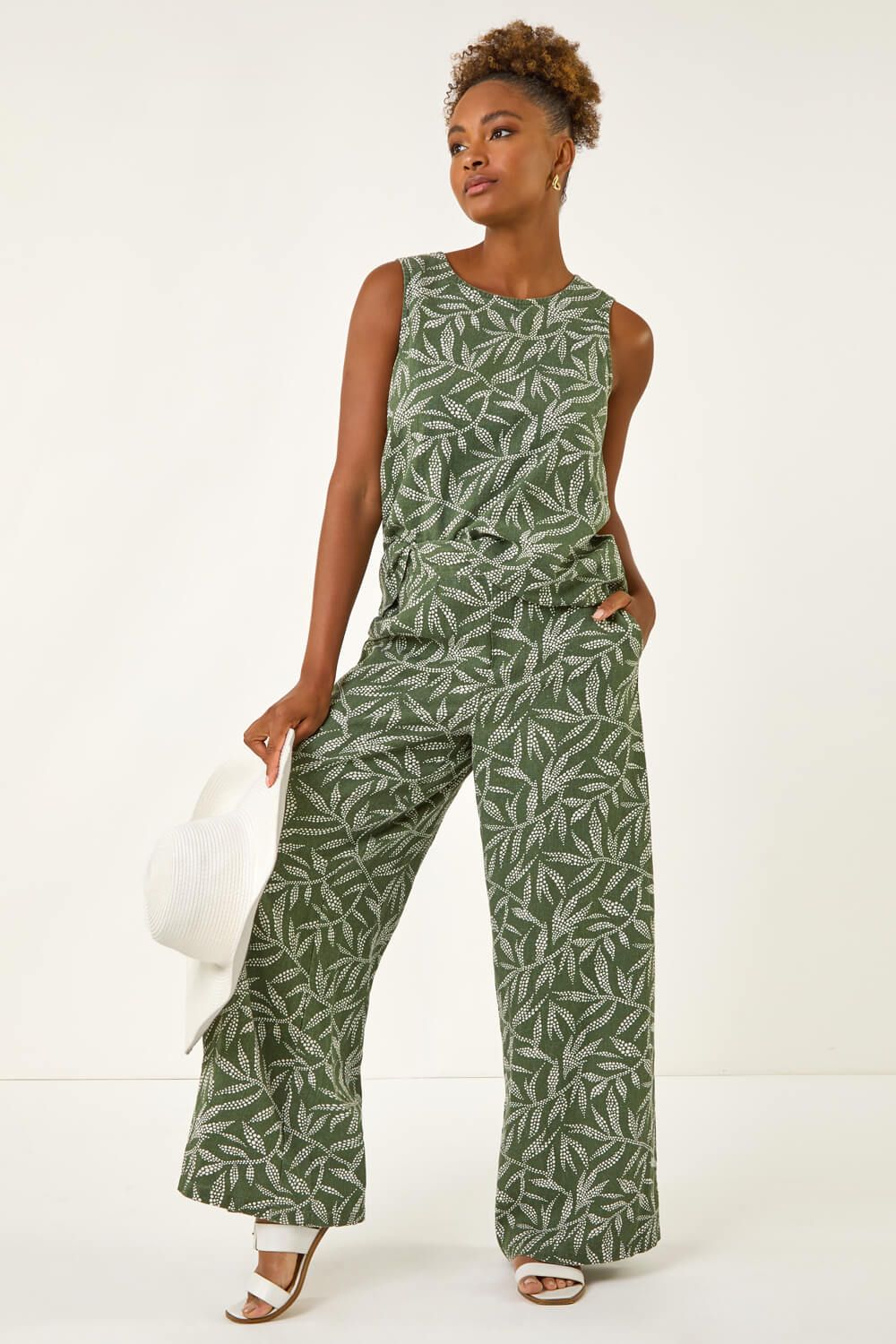 Roman Leaf Print Linen Mix Wide Leg Trouser