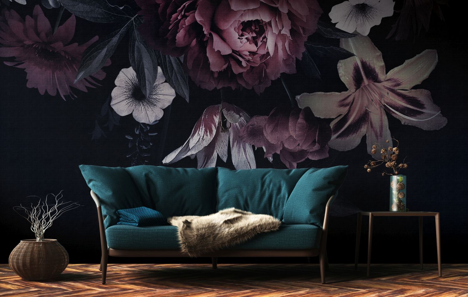 One Wall one Role fotobehang bloemmotief zwart, rood, wit en groen - 371 x 280 cm - AS-382791